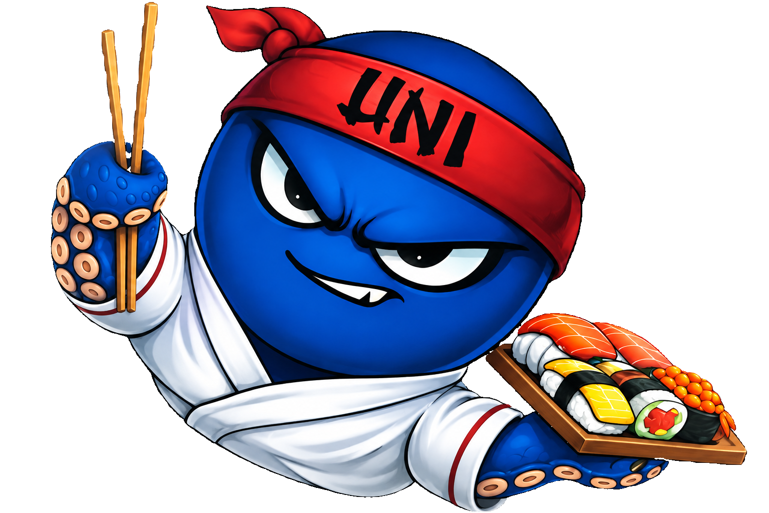 Blue UNI sushi chef in a red UNI headband and white jacket, holding chopsticks and a sushi tray